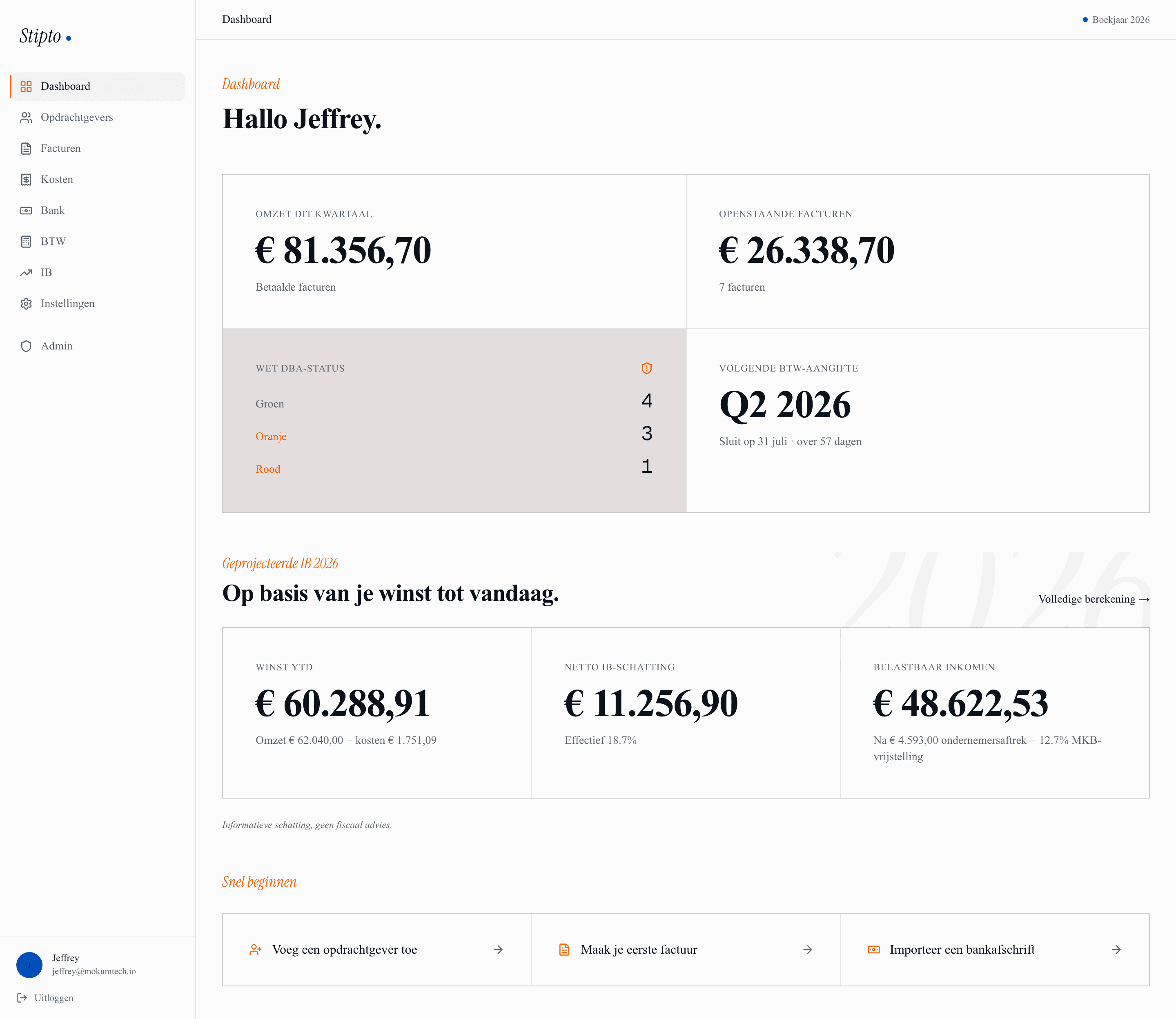Stipto dashboard — omzet, Wet DBA-status, BTW-aangifte en IB-schatting