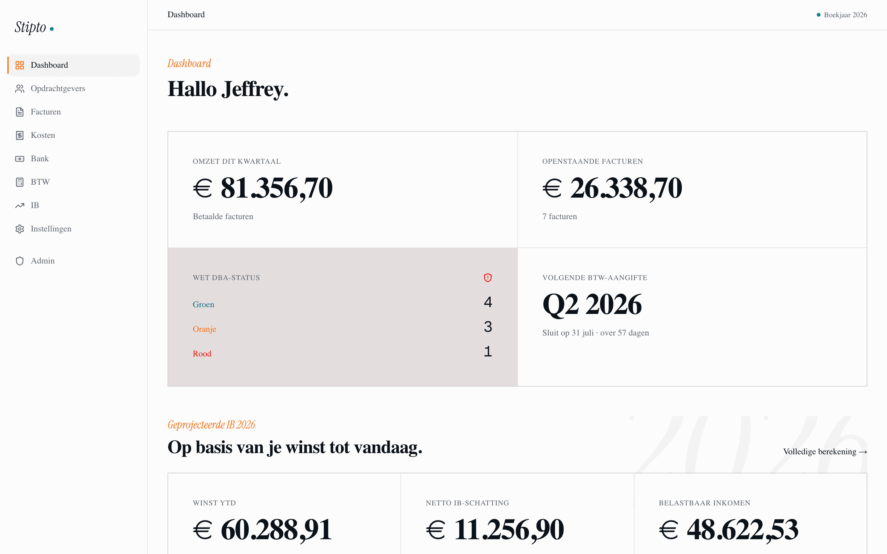 Stipto dashboard — revenue, Wet DBA status per client, VAT return, income tax estimate.