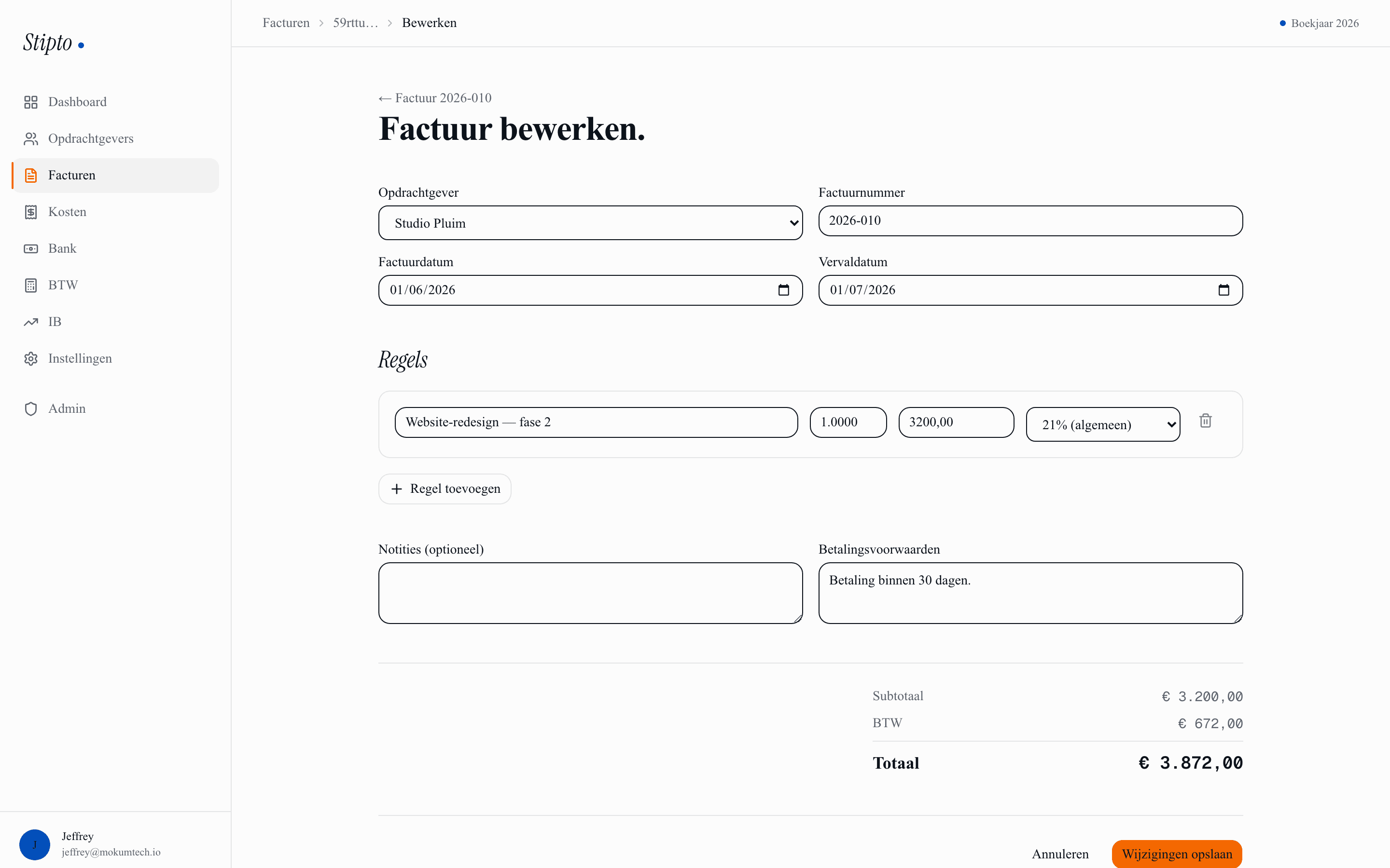Factuur opmaken — regels, BTW per tarief, klant en betaaltermijn